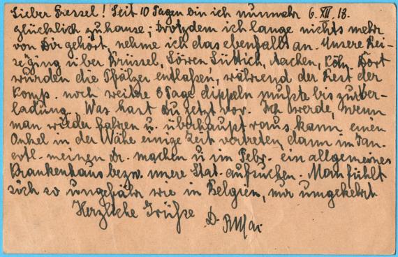 Postcard of private nature to Dr. med. B. Hallenstein in Detmold, - sent on July 6, 1918 - back of card - referring to his military service