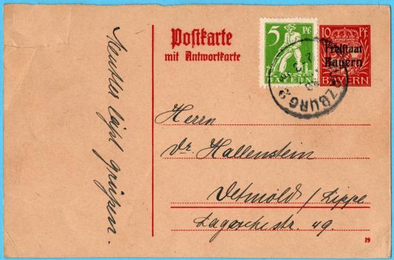 Postkarte privater Art an Herrn Dr. Hallenstein, Detmold, Lageschestr.49, - versandt am 30. März 1920 von Würzburg