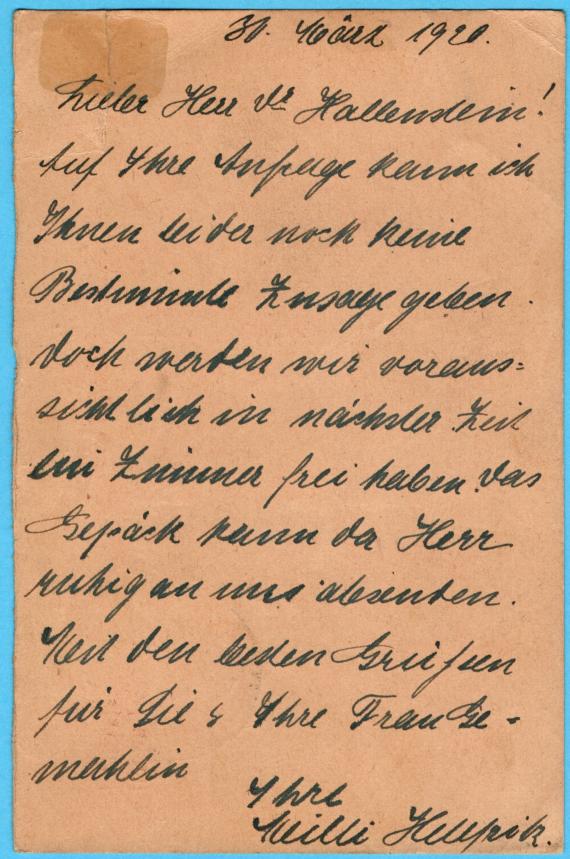 Private postcard to Dr. Hallenstein, Detmold, Lageschestr.49, - sent from Würzburg on March 30, 1920 - back of card