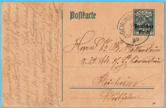 Postkarte - Dr. B. Hallenstein Postkarte persönlicher Art an Herrn Dr. B. Hallenstein, z.Zt. Adr. J.F, Löwenstein, Steinheim,Westfalen, versandt am 14. Juli 1920