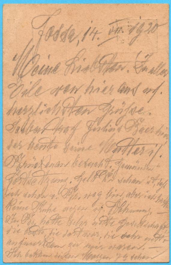 Postkarte - Dr. B. Hallenstein Postkarte persönlicher Art an Herrn Dr. B. Hallenstein, z.Zt. Adr. J.F, Löwenstein, Steinheim,Westfalen, versandt am 14. Juli 1920 - Kartenrückseite
