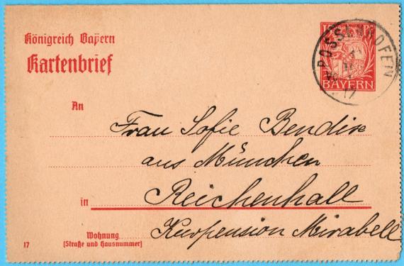 Kartenbrief - Sofie Bendix Kartenbrief privater Art an Frau Sofie Bendix aus München, Reichenhall, Kurpension Mirabell, - versandt am 19. August 1917