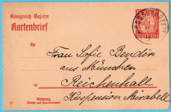 Card letter of private nature to Mrs. Sofie Bendix from Munich, Reichenhall, Kurpension Mirabell, - sent on August 19, 1917