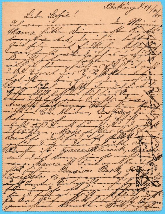 Kartenbrief - Sofie Bendix Kartenbrief privater Art an Frau Sofie Bendix aus München, Reichenhall, Kurpension Mirabell, - versandt am 19. August 1917 - aufgeklappter Brief mit Text