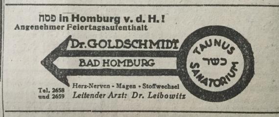 Advertisement " Taunus Sanatorium, Dr. Goldschmidt, Bad Homburg " in the " Jüdische Rundschau - No.22 - 20.III.1931 ".