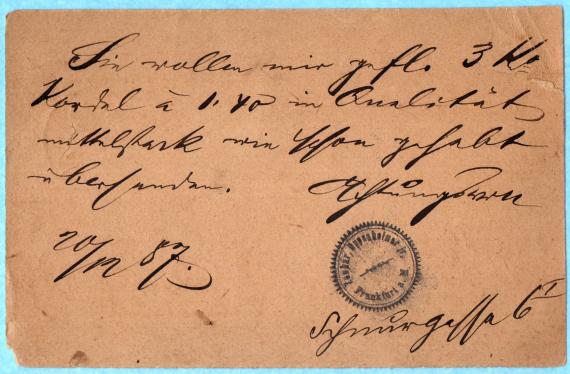 Postcard of business nature to Mr. Theod. Pfefferkorn, - sent by " Zachar. Oppenheimer jun. " on December 20, 1887 - back of card