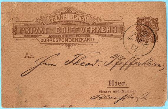 Postcard of business nature to Mr. Theod. Pfefferkorn, - sent by " Zachar. Oppenheimer jun. " on December 20, 1887