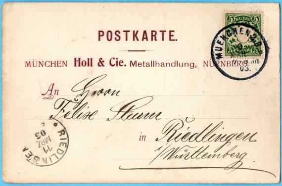 Geschäftspostkarte der Fa. Holl & Cie, München und Nürnberg, versandt am 10. März 1903