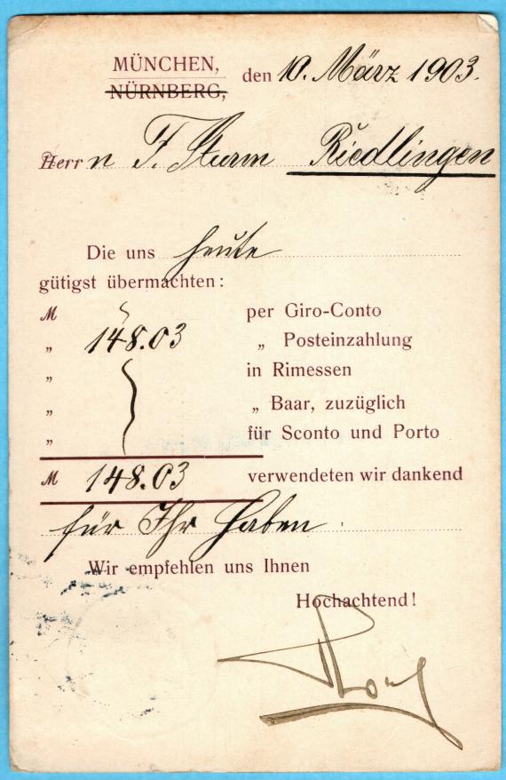 Geschäftspostkarte der Fa. Holl & Cie, München und Nürnberg, versandt am 10. März 1903 - Kartenrückseite