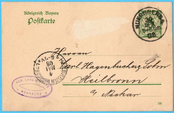 Postcard of business nature of the company " Heinrich Lang & Söhne, Nürnberg ", - sent on April 30, 1908