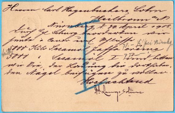 Postkarte geschäftlicher Art der Firma " Heinrich Lang & Söhne, Nürnberg ", - versandt am 30. April 1908 - Kartenrückseite