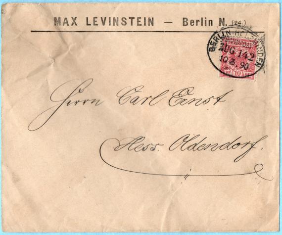 Envelope " Max Levinstein, Berlin N. " , mailed March 10, 1890