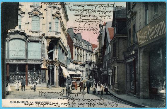 Historical picture postcard Solingen - Am Entenpfuhl - with department store W. Oppenheimer - from 1906