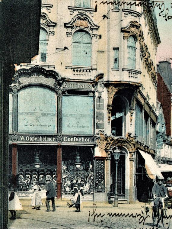 Historische Ansichtskarte Solingen - Am Entenpfuhl - mit Kaufhaus W. Oppenheimer - aus dem Jahr 1906 - Ausschnittvergrößerung Kaufhaus Oppenheimer