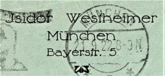 Geschäftsbriefumschlag von " Isidor Westheimer, München, Bayerstraße 5 ", - versandt am 21. September 1922 - Ausschnittvergrößerung Geschäftsadresse