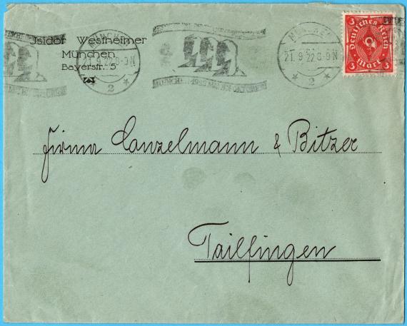 Business envelope from " Isidor Westheimer, München, Bayerstraße 5 ", - mailed on September 21, 1922