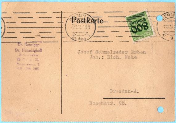 Postkarte - Dr. Danziger - Dr. Nüninghoff Postkarte geschäftlicher Art der " Rechtsanwälte Dr. Danziger - Dr. Nüninghoff, Berlin ", - versandt am 1.Oktober 1923