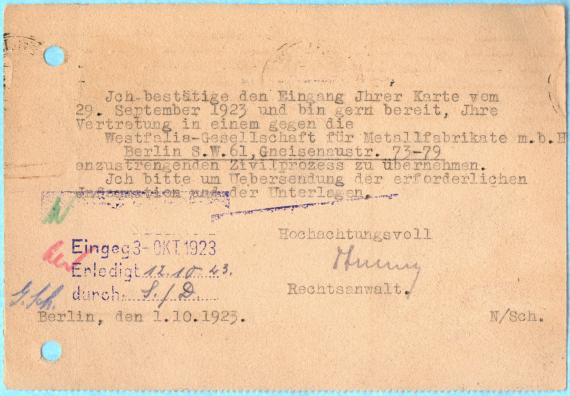 Postkarte - Dr. Danziger - Dr. Nüninghoff Postkarte geschäftlicher Art der " Rechtsanwälte Dr. Danziger - Dr. Nüninghoff, Berlin ", - versandt am 1.Oktober 1923 - Kartenrückseite