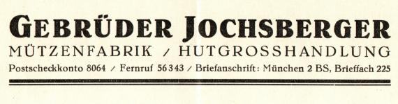 Rechnung der " Mützenfabrik- Hutgroßhandlung Gebrüder Jochsberger " in München, Bayerstraße 51, - ausgestellt am 21. November 1932  - Ausschnittvergrößerung Firmennamen