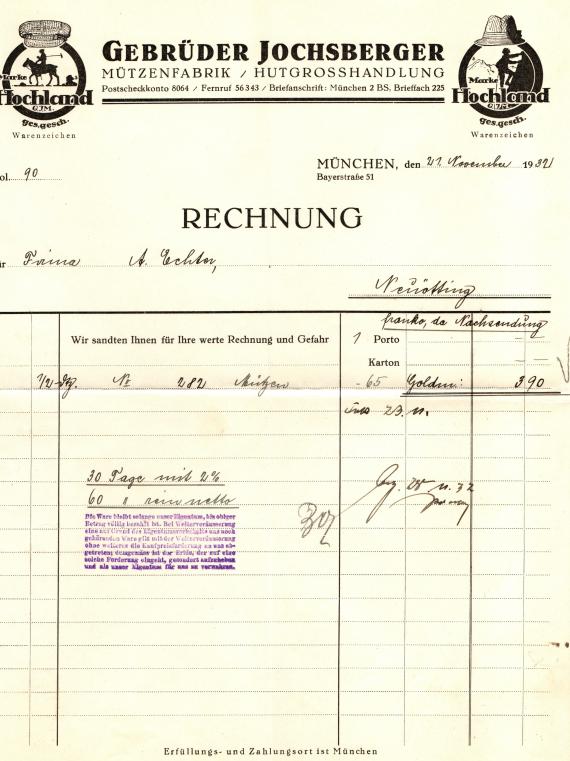 Invoice of the " Mützenfabrik- Hutgroßhandlung Gebrüder Jochsberger " in Munich, Bayerstraße 51, - issued on November 21, 1932