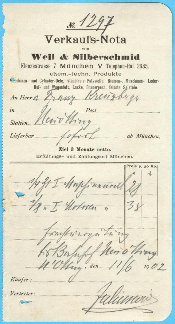 Verkaufs-Nota - Weil & Silberschmid Verkaufs-Nota von " Weil & Silberschmid ", Chemisch - technische Produkte " in München, Klenzestraße 7, - ausgestellt am 11. Juni 1902