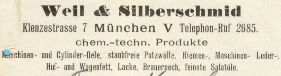 Sales nota of " Weil & Silberschmid ", Chemisch - technische Produkte " in Munich, Klenzestraße 7, - issued on June 11, 1902 - detail enlargement of company name with product range