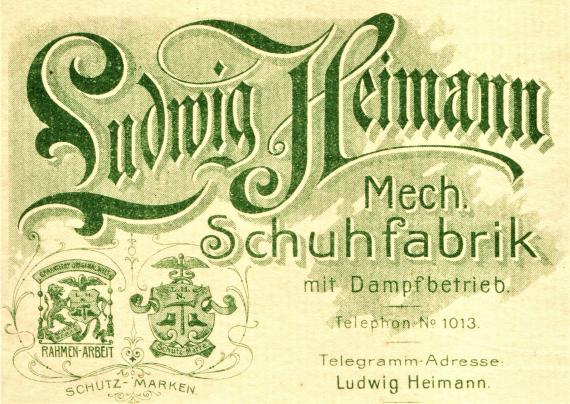 Geschäftsschreiben der " Mechanischen Schuhfabrik mit Dampfbetrieb Ludwig Heimann " in Nürnberg vom 19. April 1906 - Ausschnittvergrößerung Firmennamen