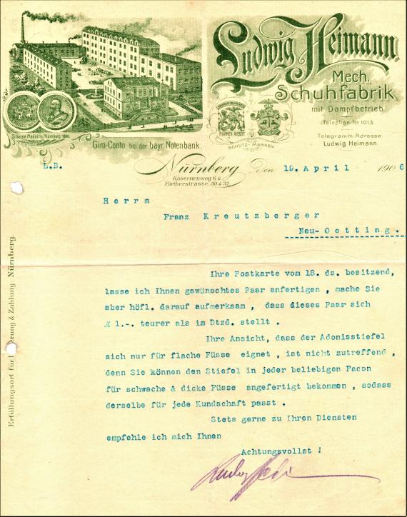 Geschäftsschreiben der " Mechanischen Schuhfabrik mit Dampfbetrieb Ludwig Heimann " in Nürnberg vom 19. April 1906 mit dekorativem Briefkopf