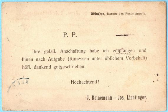 Business postcard of the " Kunstzinnwaren-Fabrik J.Reinemann/Jos.Lichtinger - Inhaber Otto Loewenstein " in Munich,Knöbelstraße 14 - mailed on June 18, 1906 - back of card