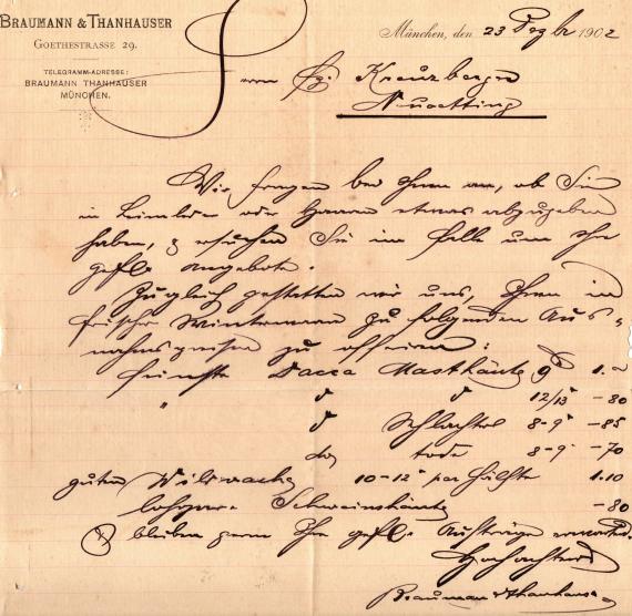 Business letter from the " Lederwarenhandlung Braumann & Thanhauser " in Munich, Goethestraße 29, - written on December 23, 1902