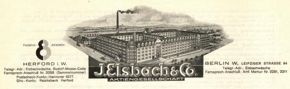 Rechnung von " J. Elsbach & Co, Aktiengesellschaft ", Herford i. W. - Berlin W, Leipzigerstr. 94 - versandt am 10. November 1932 - Ausschnittvergrößerung Rechnungskopf mit Fabrikansicht