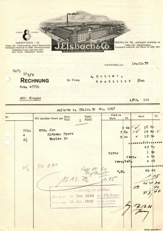 Rechnung von " J. Elsbach & Co., Aktiengesellschaft ", Herford i. W. - Berlin W, Leipzigerstr. 94 