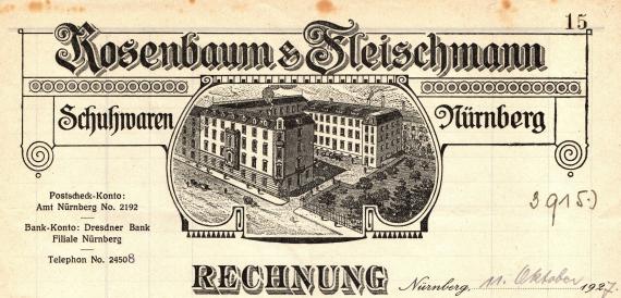 Rechnung " Rosenbaum & Fleischmann, Schuhwaren, Nürnberg " vom 11. Oktober 1927 - Ausschnittvergrößerung Rechnungskopf mit Firmenansicht