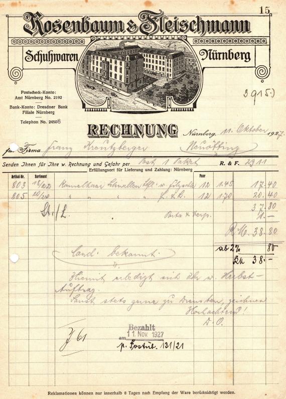 Invoice " Rosenbaum & Fleischmann, Schuhwaren, Nürnberg " dated October 11, 1927