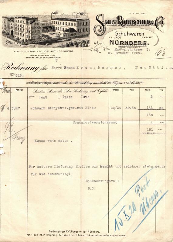 Invoice " Sally Rothschild & Co, Nuremberg, Endterstrasse 3 " dated October 5, 1920