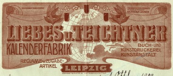 Invoice from " Liebes & Teichtner, Kalenderfabrik-Buch-und Kunstdruckerei-Kunstanstalt " in Leipzig, Zerbster Str.2-Katzbachstr.8, - dated October 1, 1909 - detail enlargement letter-invoice header