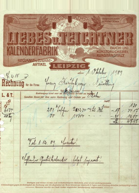 Invoice from " Liebes & Teichtner, Kalenderfabrik-Buch-und Kunstdruckerei-Kunstanstalt " in Leipzig, Zerbster Str.2-Katzbachstr.8, - dated October 1, 1909