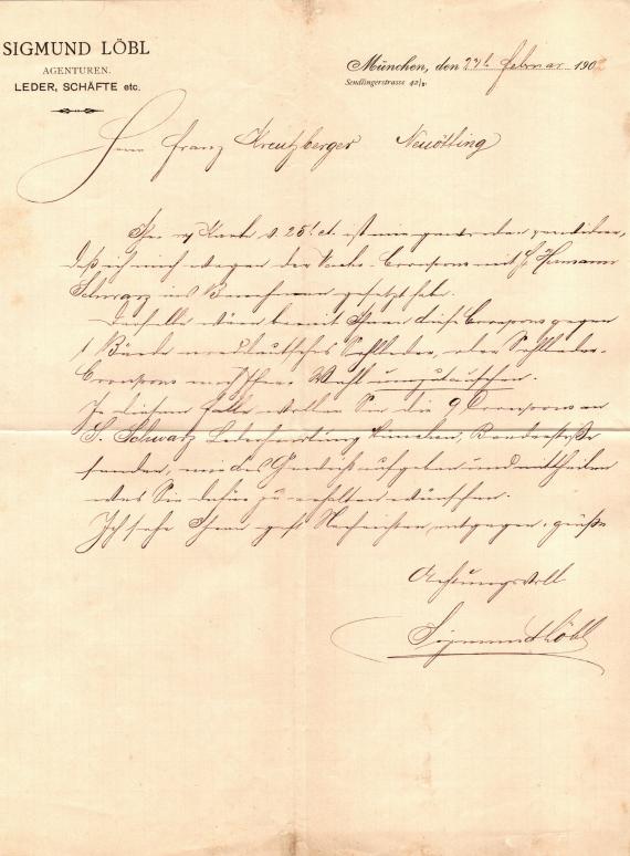 Business letter from " Sigmund Löbl, agencies, leather, shafts, etc., Munich, Sendlinger Straße 42/2 - written on February 23, 1902