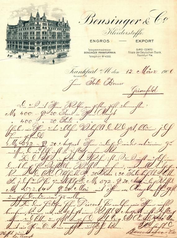 Geschäftsschreiben  von " Bensinger & Co, Kleiderstoffe engros - Export " in Frankfurt am Main, Kaiserstraße 56 - geschrieben am 12.März 1906 