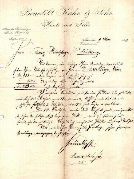 Business letter from " Benedikt Kahn & Sohn, Häute und Felle ", Munich,Westendstraße 111 - written on May 9, 1913