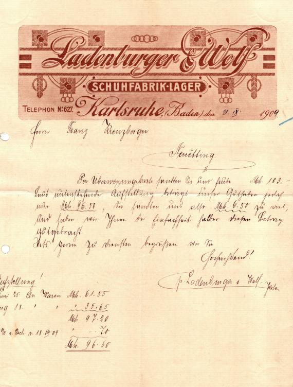 Business letter from " Ladenburger & Wolf, Schuhfabrik - Lager ", Karlsruhe - written on September 21, 1909