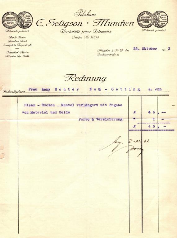 Invoice from " E. Seligson, Pelzhaus, Werkstätte feiner Pelzmoden " in Munich, Dachauer Straße 22 - written on October 25, 1932