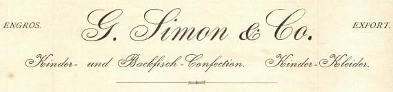 Rechnung von " G. Simon & Co.,Kinder- und Backfisch-Confection, Kinder-Kleider ", Berlin, Jerusalemer Straße 28, Ecke Kronenstraße II. u. III. Etage - versandt am 23. März 1906  -  Ausschnittvergrößerung Firmenname