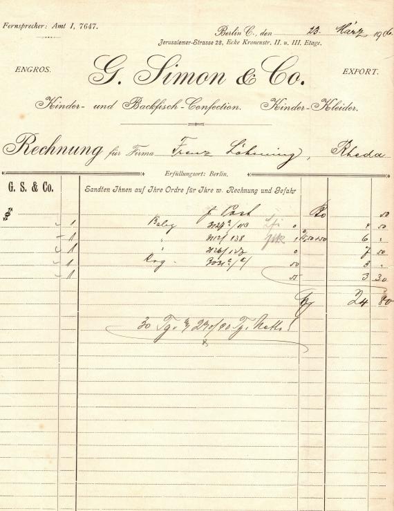 Rechnung von " G. Simon & Co.,Kinder- und Backfisch-Confection, Kinder-Kleider ", Berlin, Jerusalemer Straße 28, Ecke Kronenstraße II. u. III. Etage - versandt am 23. März 1906 