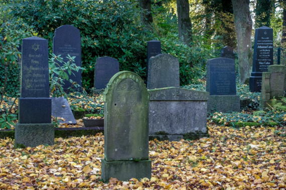 Single gravestones. Brown foliage between the stones. In the background tall trees.