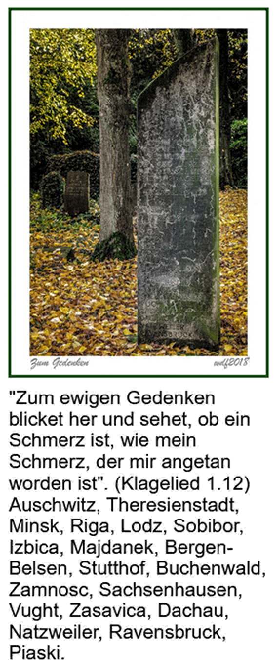 A tall stone with arched top. Weathered. Inscribed dates of the places where Witten Jews were murdered.