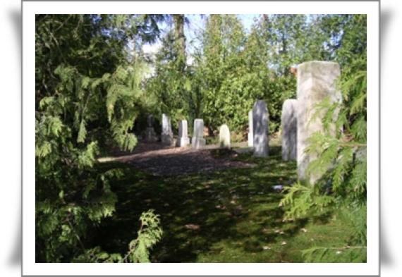 Einige Steine. Unterschiedliche Form. An den Seiten dichte Büsche. Die Steine stehen auf einer freien Rasenfläche.