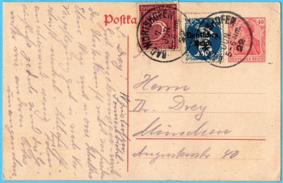 Postkarte privater Art an Herrn Dr. Drey in München, Augustenstraße 40 - versandt am 7. Juni 1922