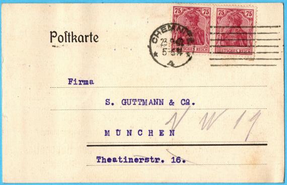 Postcard of business nature to " Firma S. Guttmann & Co. " in Munich, Theatinerstr.16 - sent on September 23, 1922