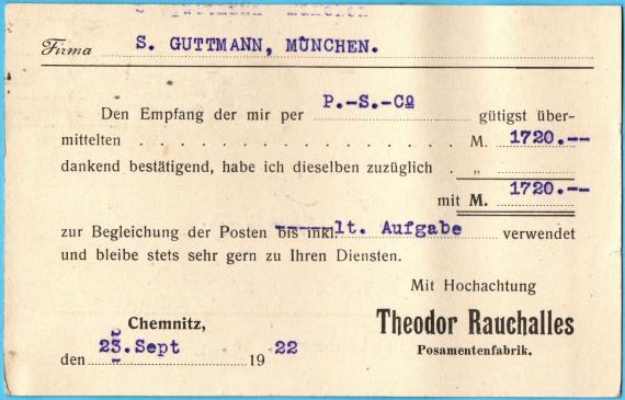 Postkarte geschäftlicher Art an " Firma S. Guttmann & Co. " in München, Theatinerstr.16 - versandt am 23.September 1922  -  Kartenrückseite